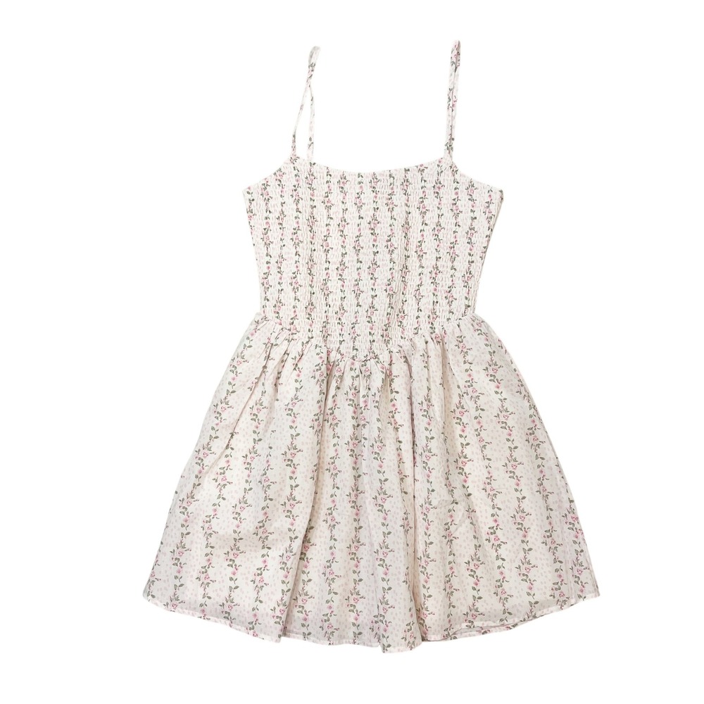 Jessica Simpson Floral Smocked Mini Dress Basque Waist Pink White Coquette LARGE
